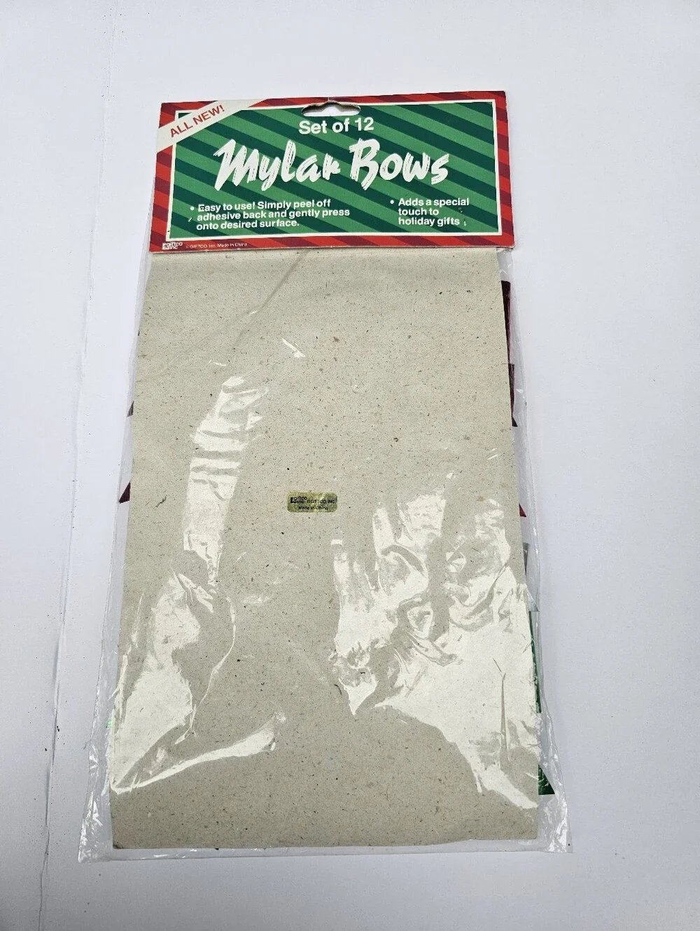 Vintage Set Of 12 Christmas Decorations Package Bows Foil Shiny Tags Wrapping